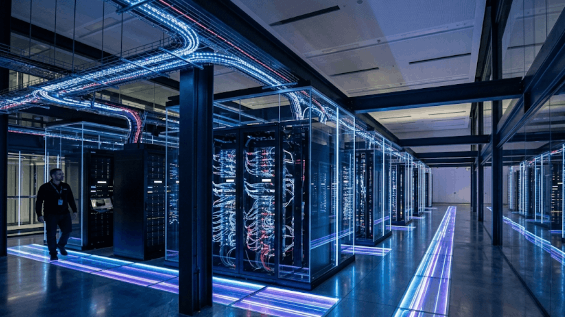 modern data center corridor with lit cable pathways and glass server racks extending forward (1)