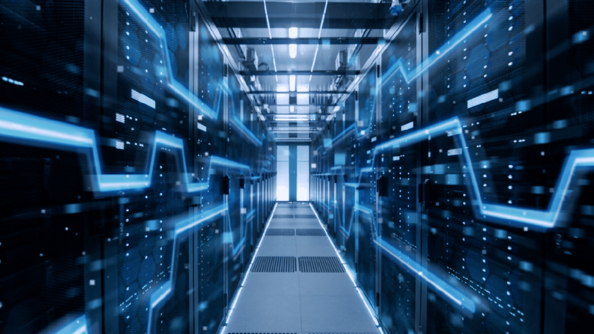 modern data center hallway with glowing network lines running across server racks and digital systems