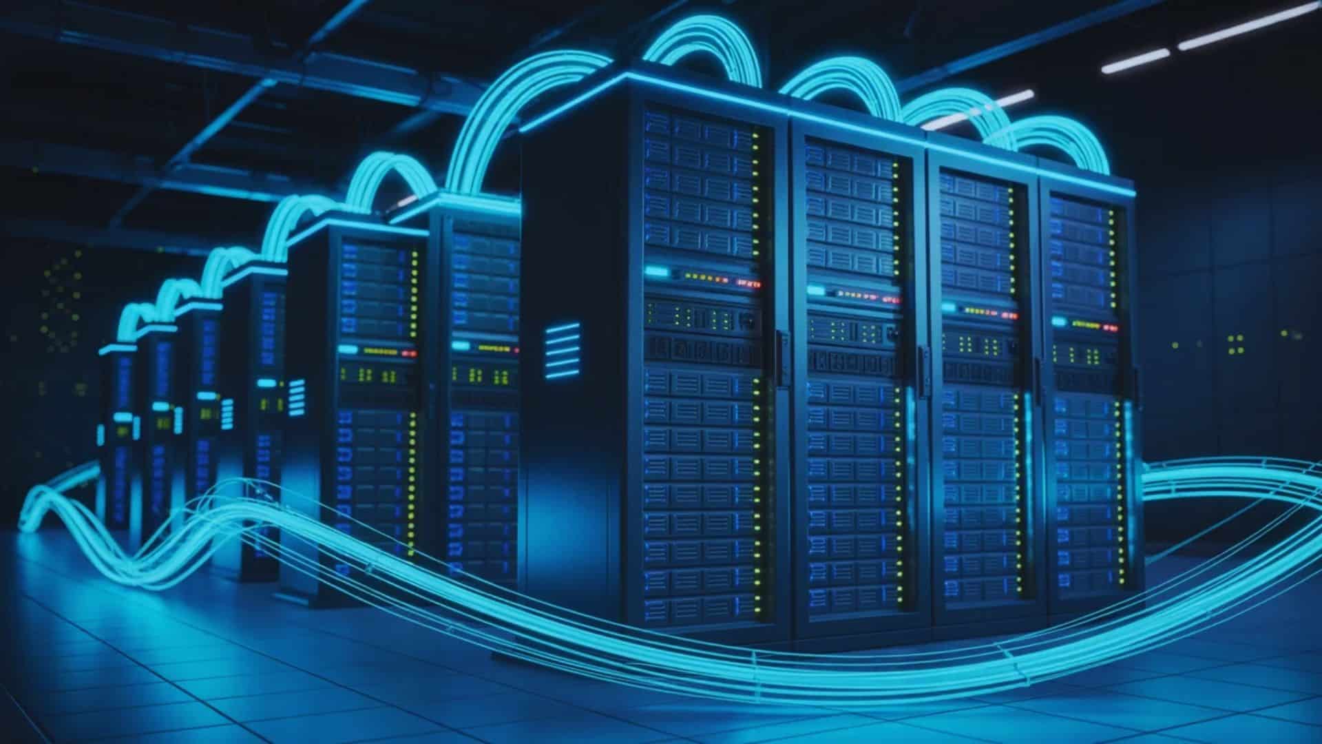 modern data center with glowing server racks and blue network cables