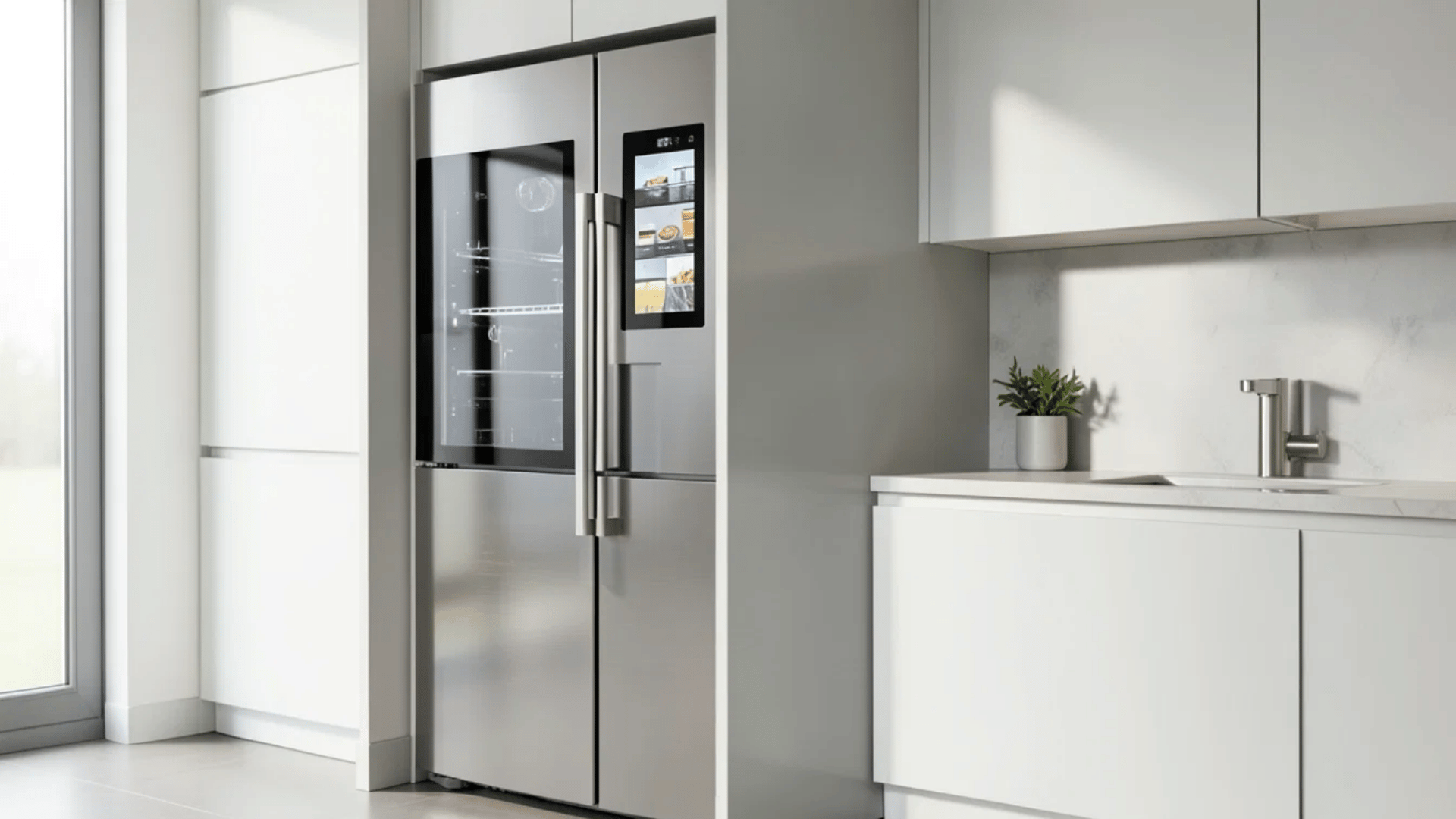 modern kitchen with stainless steel smart refrigerator featuring touchscreen display next to white cabinets and a sink area