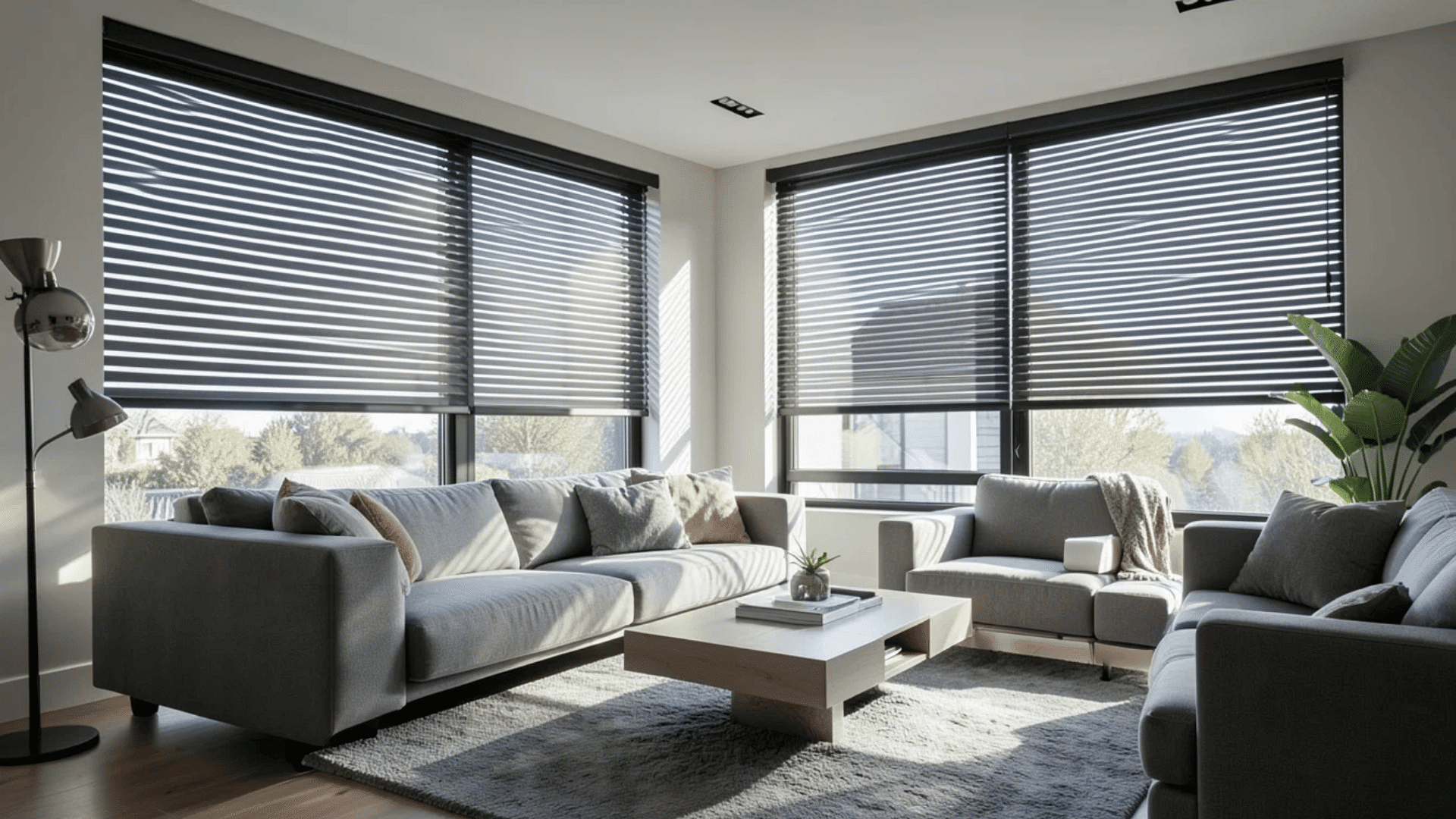 modern living room with gray sofas and sunlight filtering through large windows covered by black horizontal blinds
