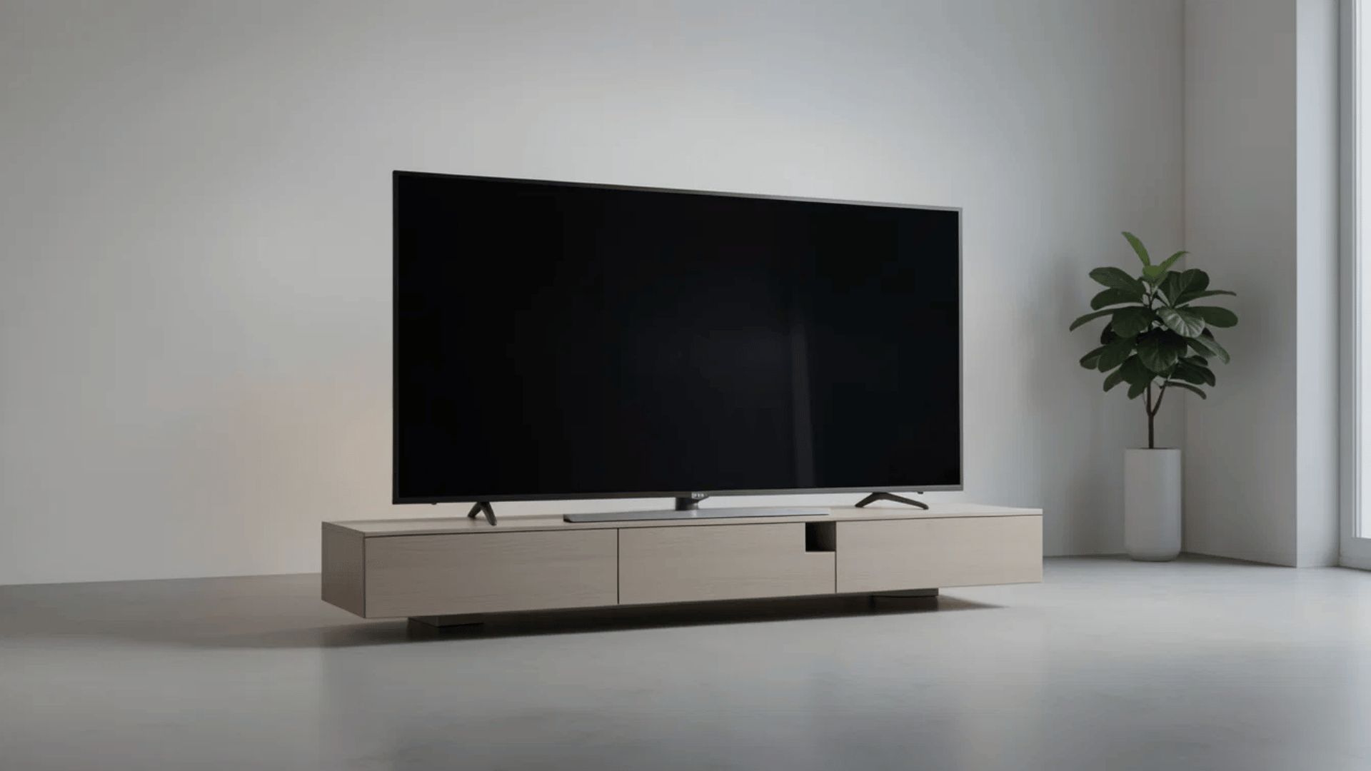 modern living room with large flat screen tv on a low wooden cabinet and a potted plant beside it against a clean wall