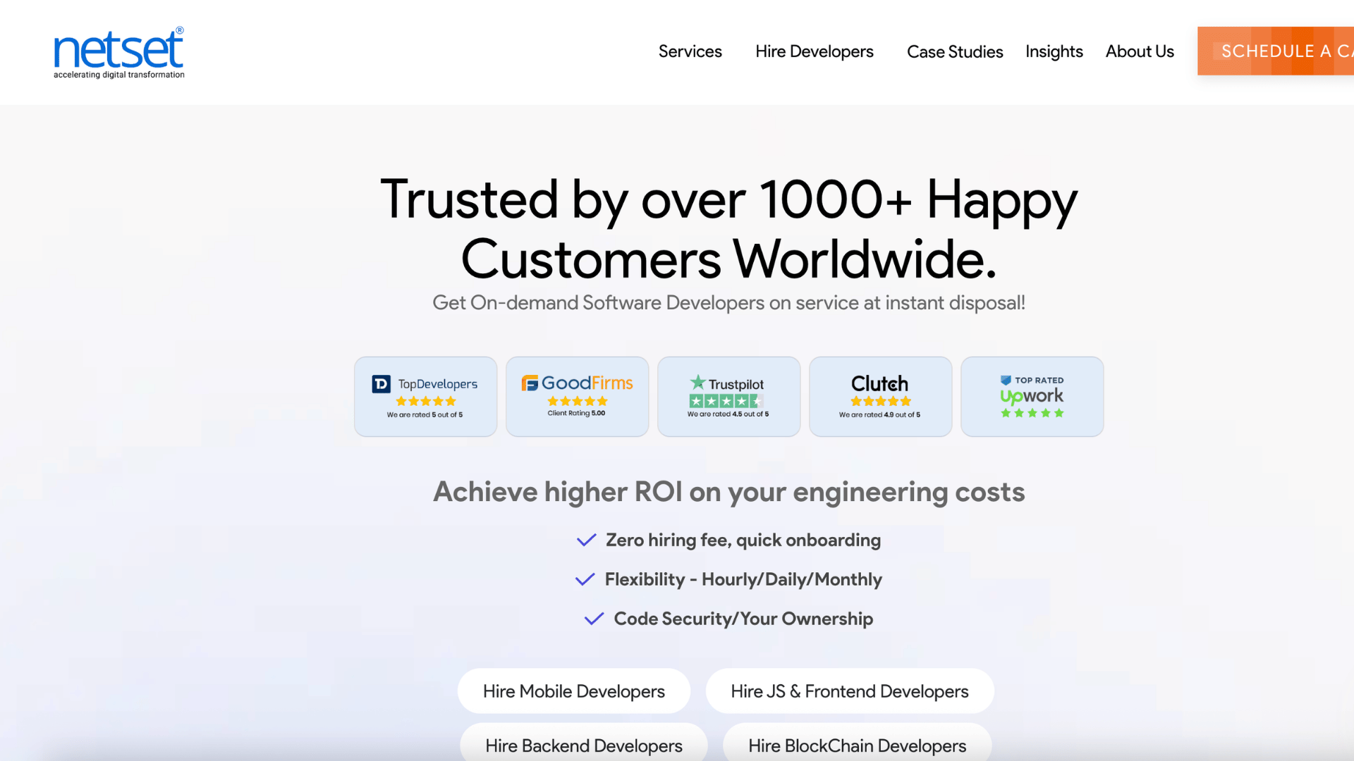 netset software homepage showing blockchain developers and trusted ratings from global review platforms