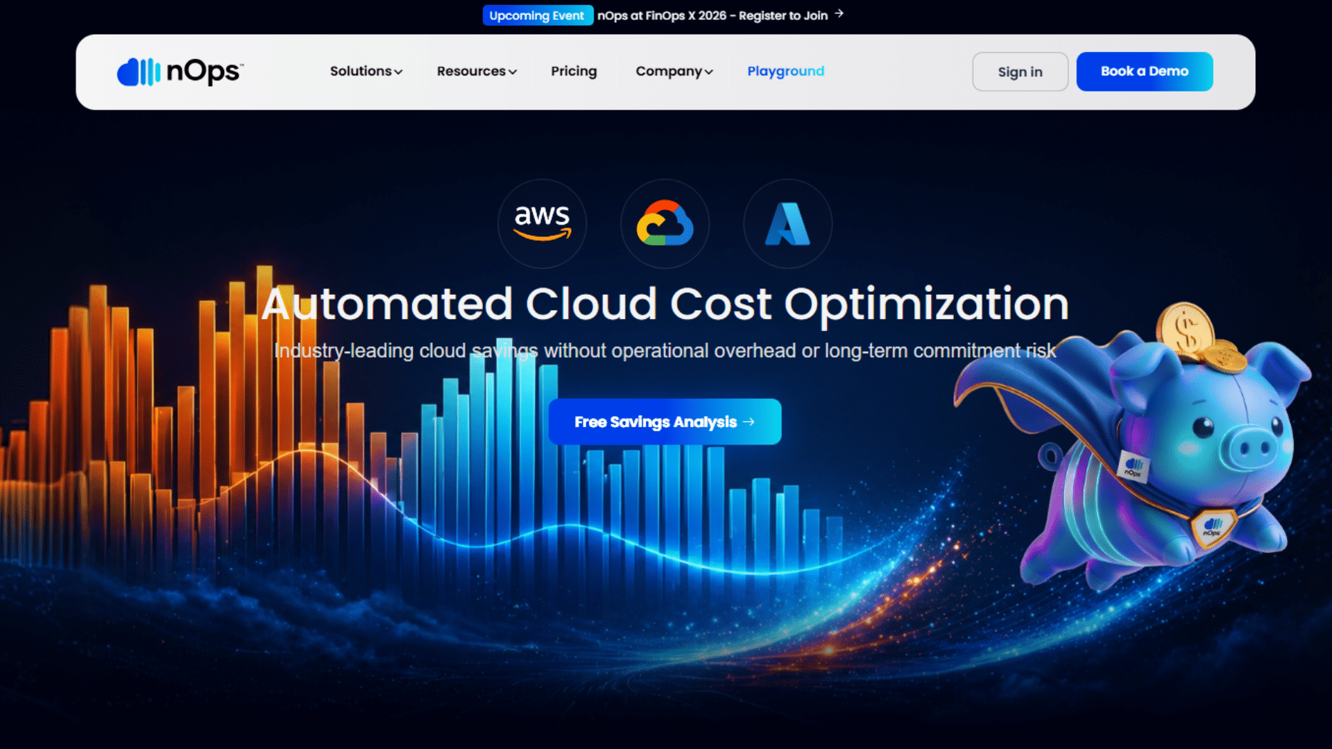 nops homepage showing automated cloud cost optimization with colorful graph and flying pig mascot holding coins