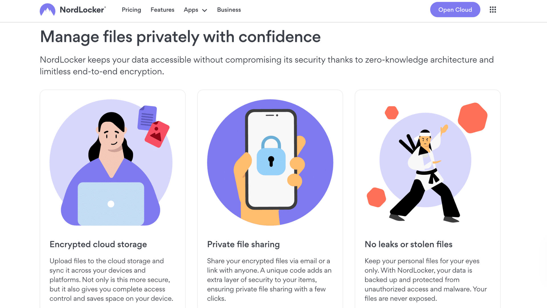 nordlocker webpage showing illustrations for encrypted cloud storage private file sharing and data protection