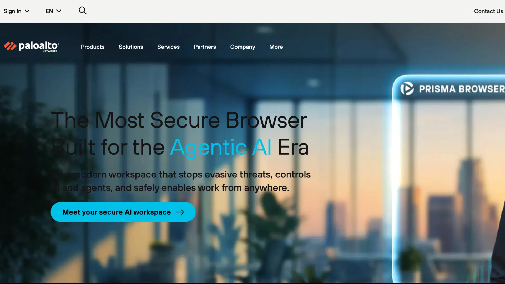 palo alto networks homepage promoting secure prisma browser for agentic ai workspace with interface display and city backdrop
