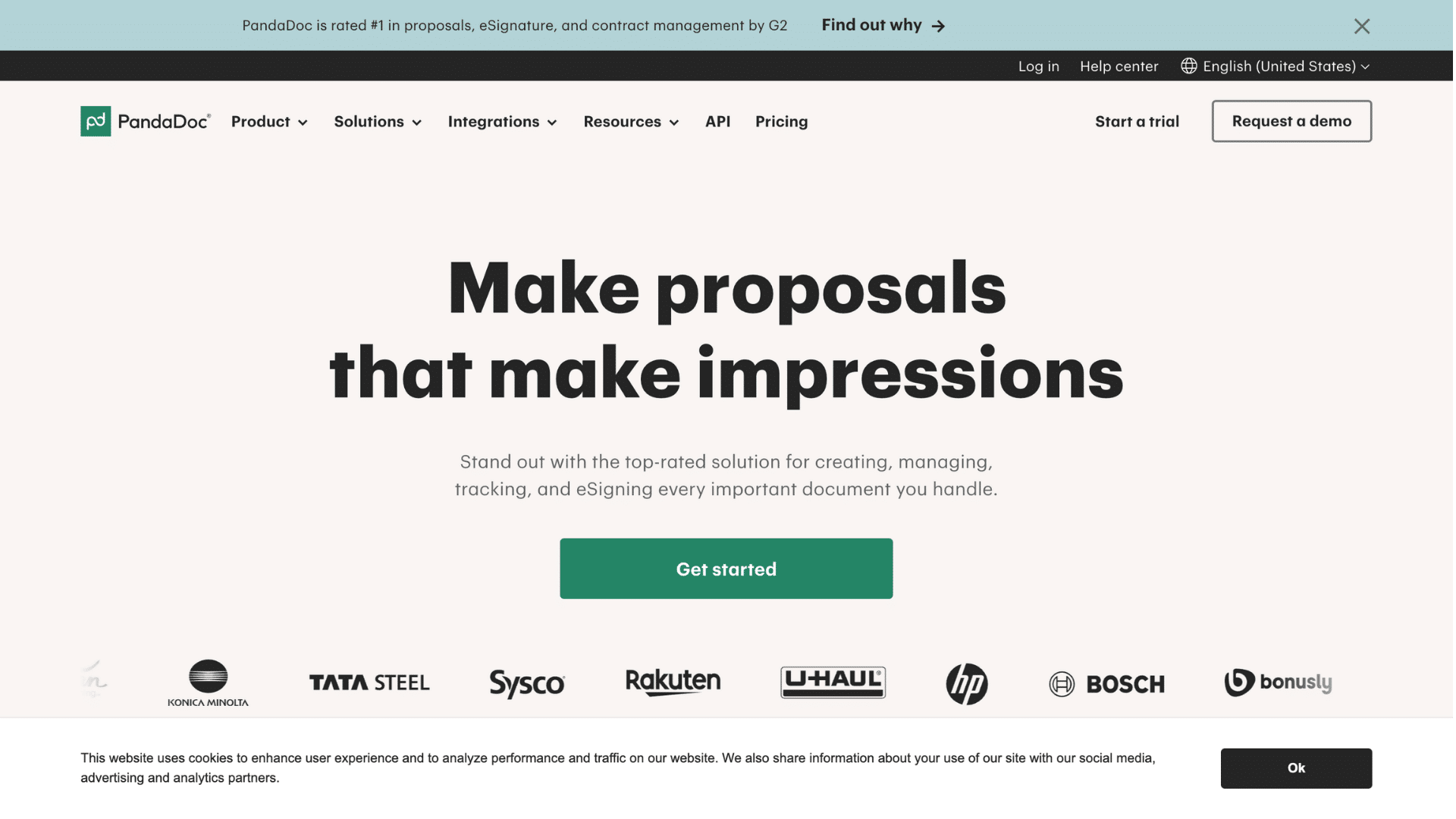 pandadoc homepage showing proposal creation document tracking services and esign tools with get started button