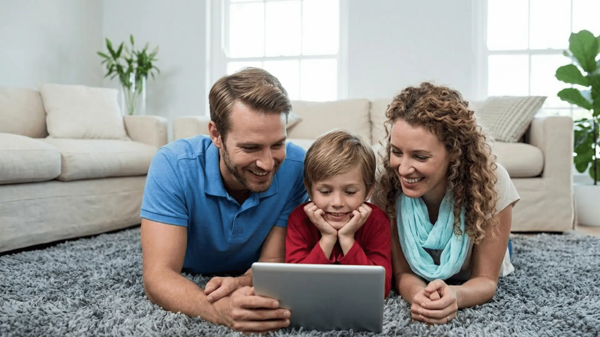 parents and child lying on carpet smiling while using tablet together in a bright living room setting
