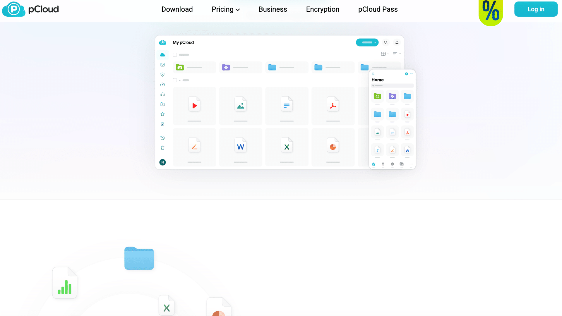 pcloud webpage showing digital file management interfaces for both desktop and mobile device screens