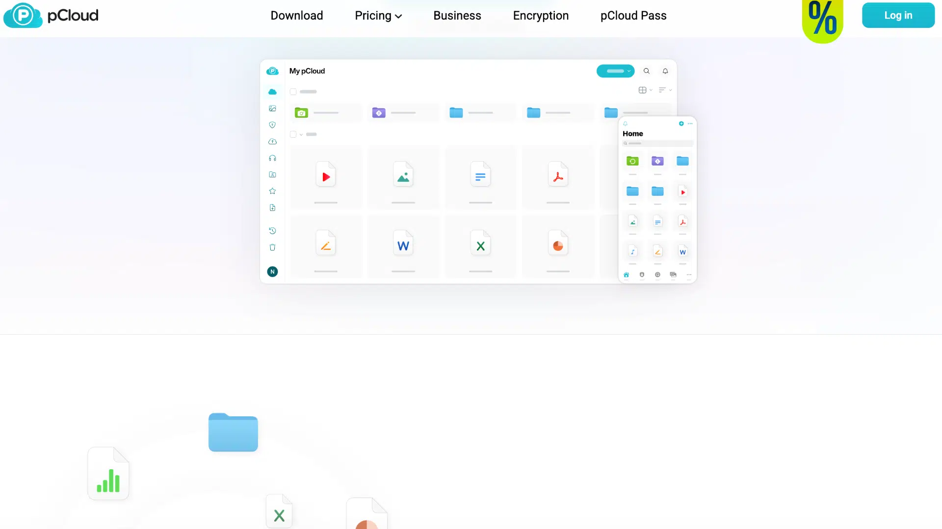 pcloud webpage showing digital file management interfaces for both desktop and mobile device screens
