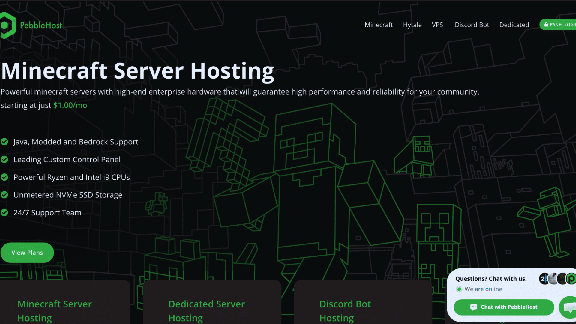 pebble host minecraft server hosting page with pricing and features