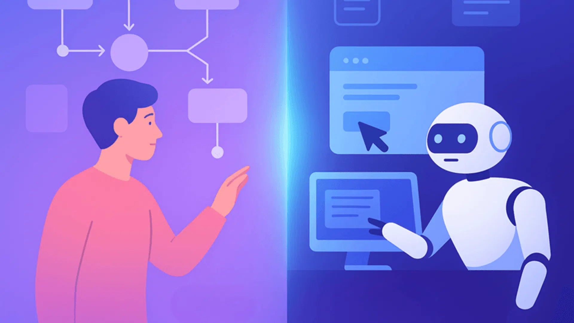 person comparing bpa and rpa automation with workflow charts and robot using computer screens