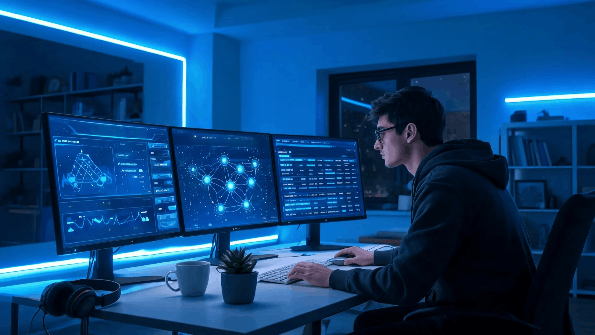 person monitoring network security dashboards on multiple screens in a home office
