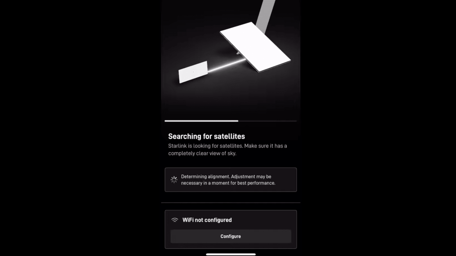 phone screen showing starlink app searching for satellites and checking dish alignment for setup