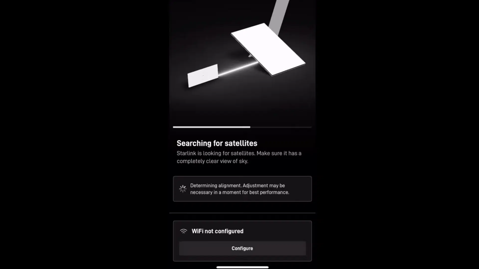 phone screen showing starlink app searching for satellites and checking dish alignment for setup