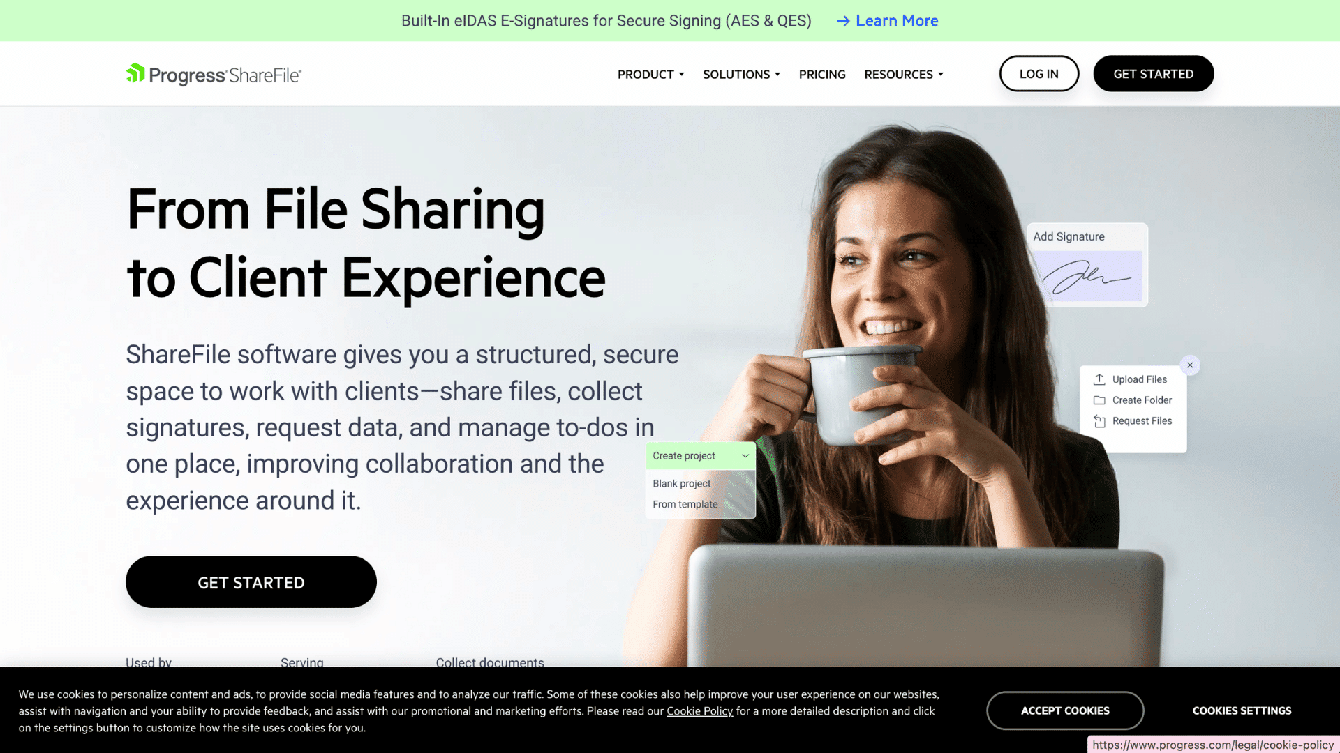 progress sharefile webpage showing client file sharing esign features and document tracking services