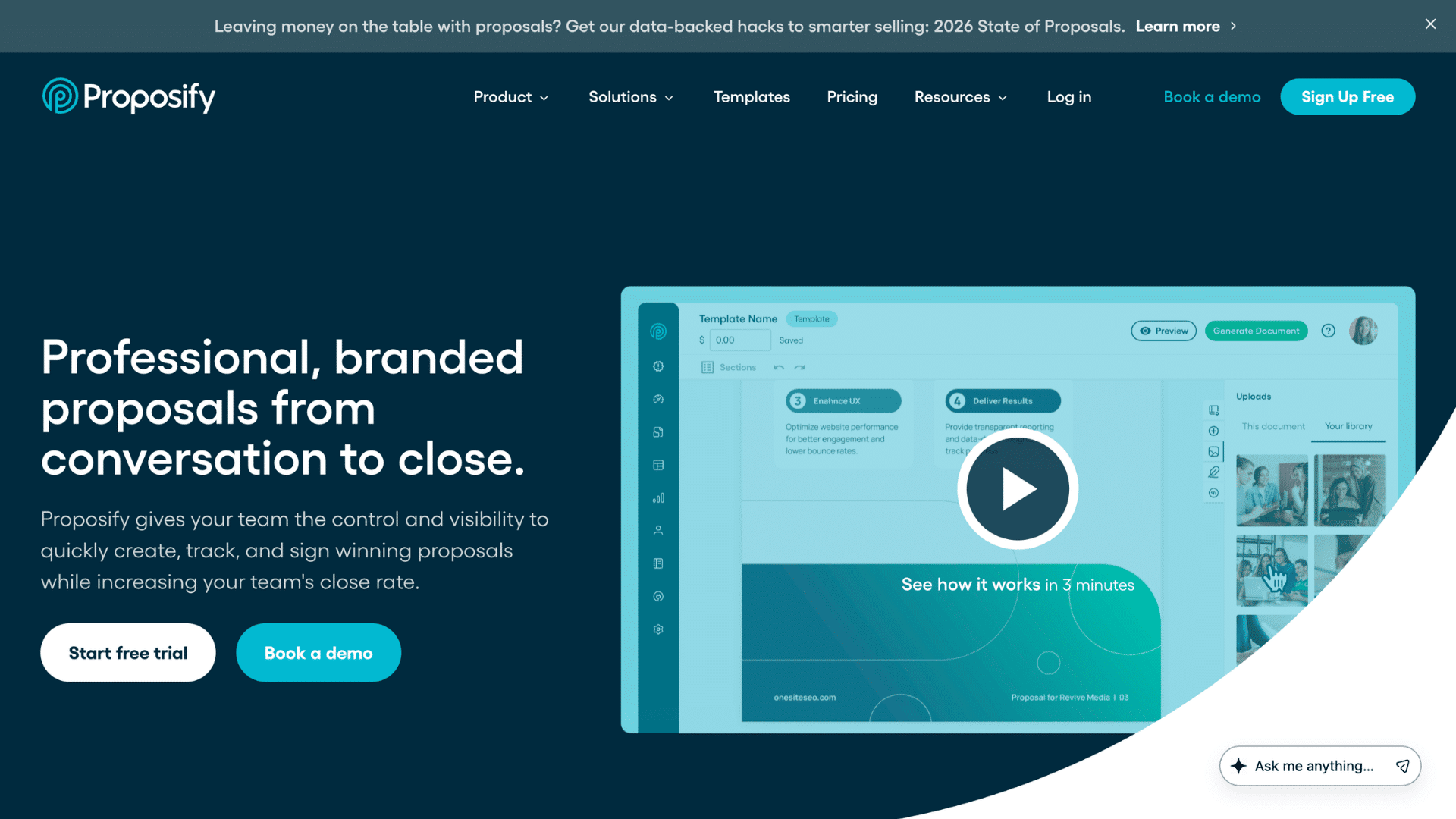 proposify homepage showing proposal software with document tracking services creation tracking