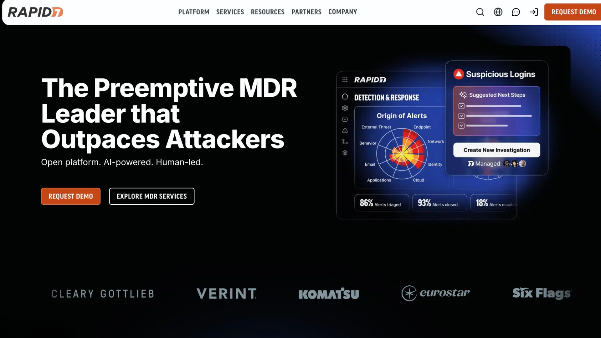 rapid7 cybersecurity platform homepage with mdr dashboard graphics and request demo button on dark background