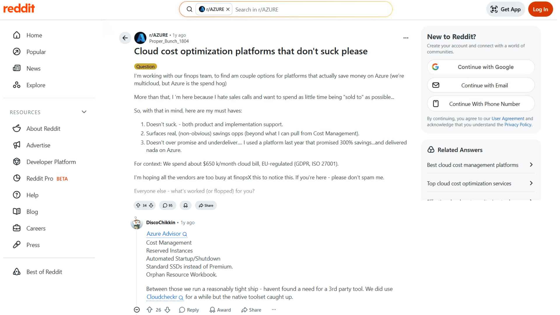 reddit page showing post about cloud cost optimization tools and comments section