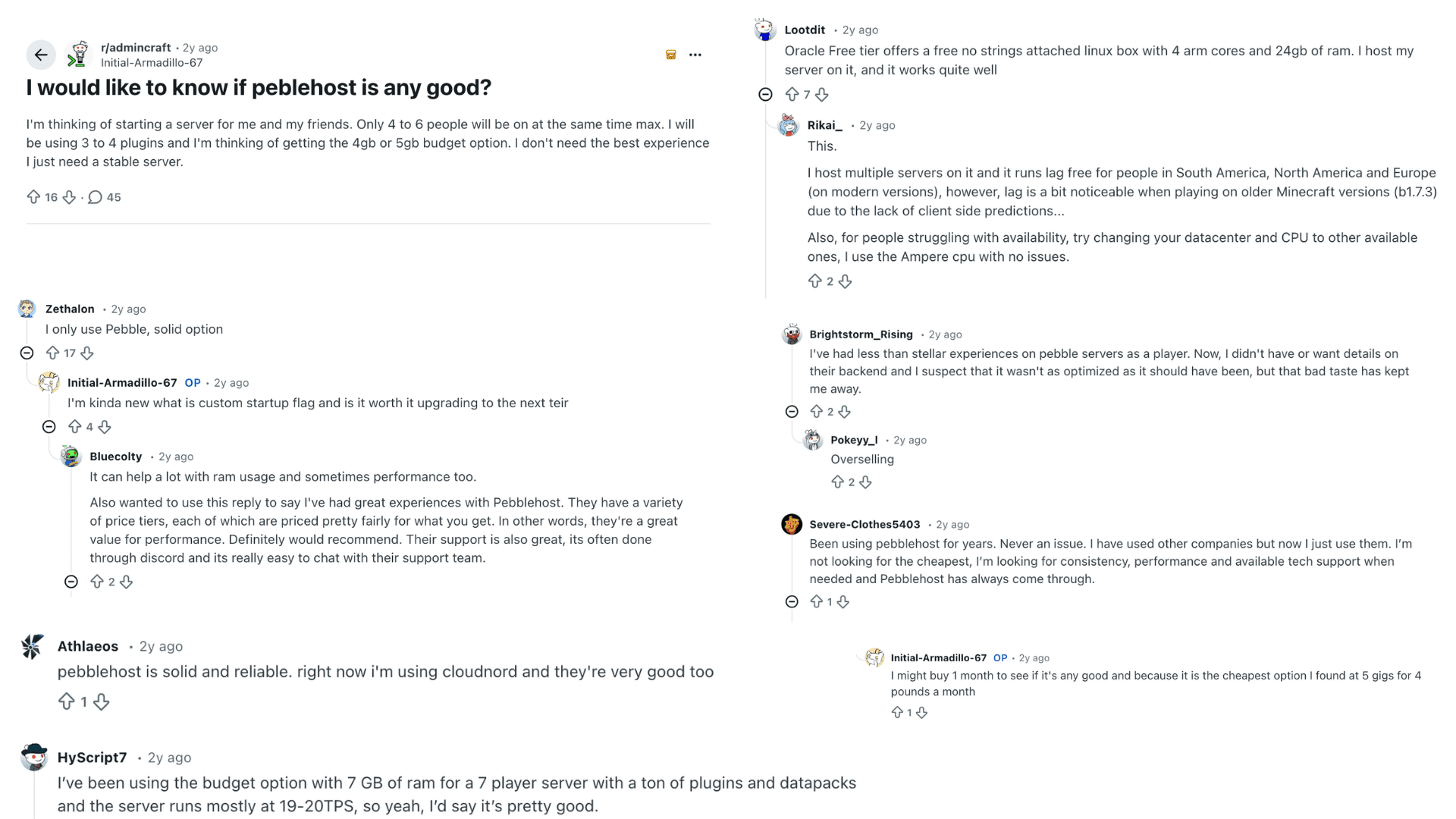 reddit thread discussing if pebblehost is good with mixed user reviews on performance pricing and reliability
