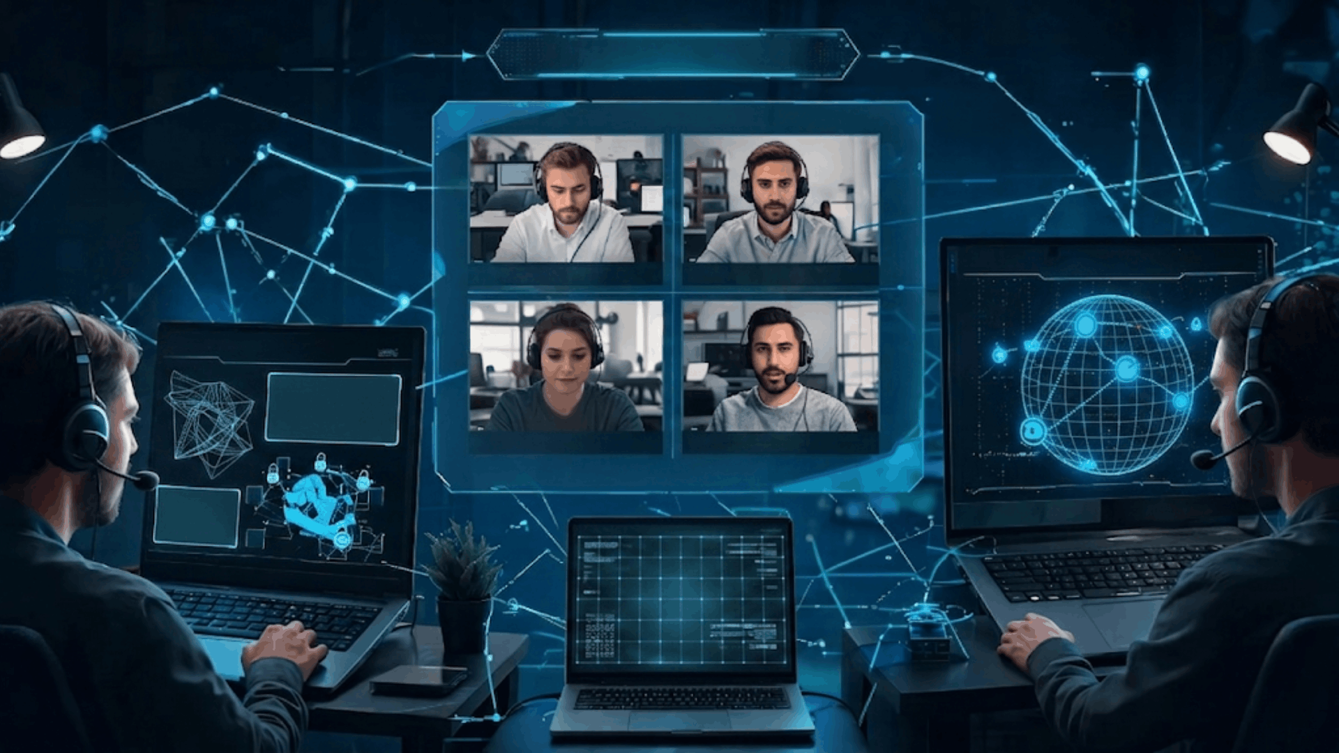 remote cybersecurity team collaborating through virtual meeting and digital network screens