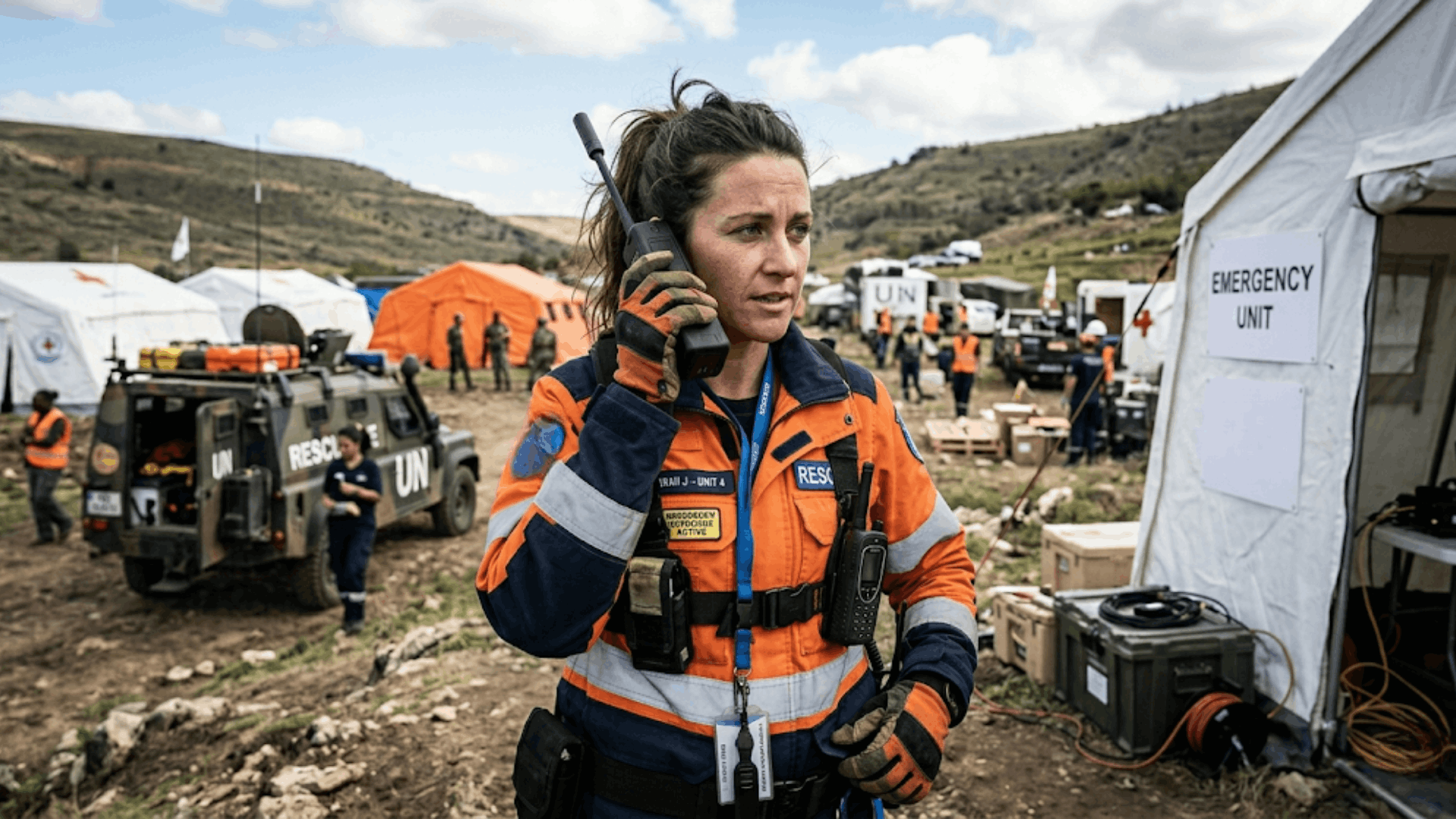 rescue worker using a satellite phone at an emergency response camp during a disaster relief operation (1)