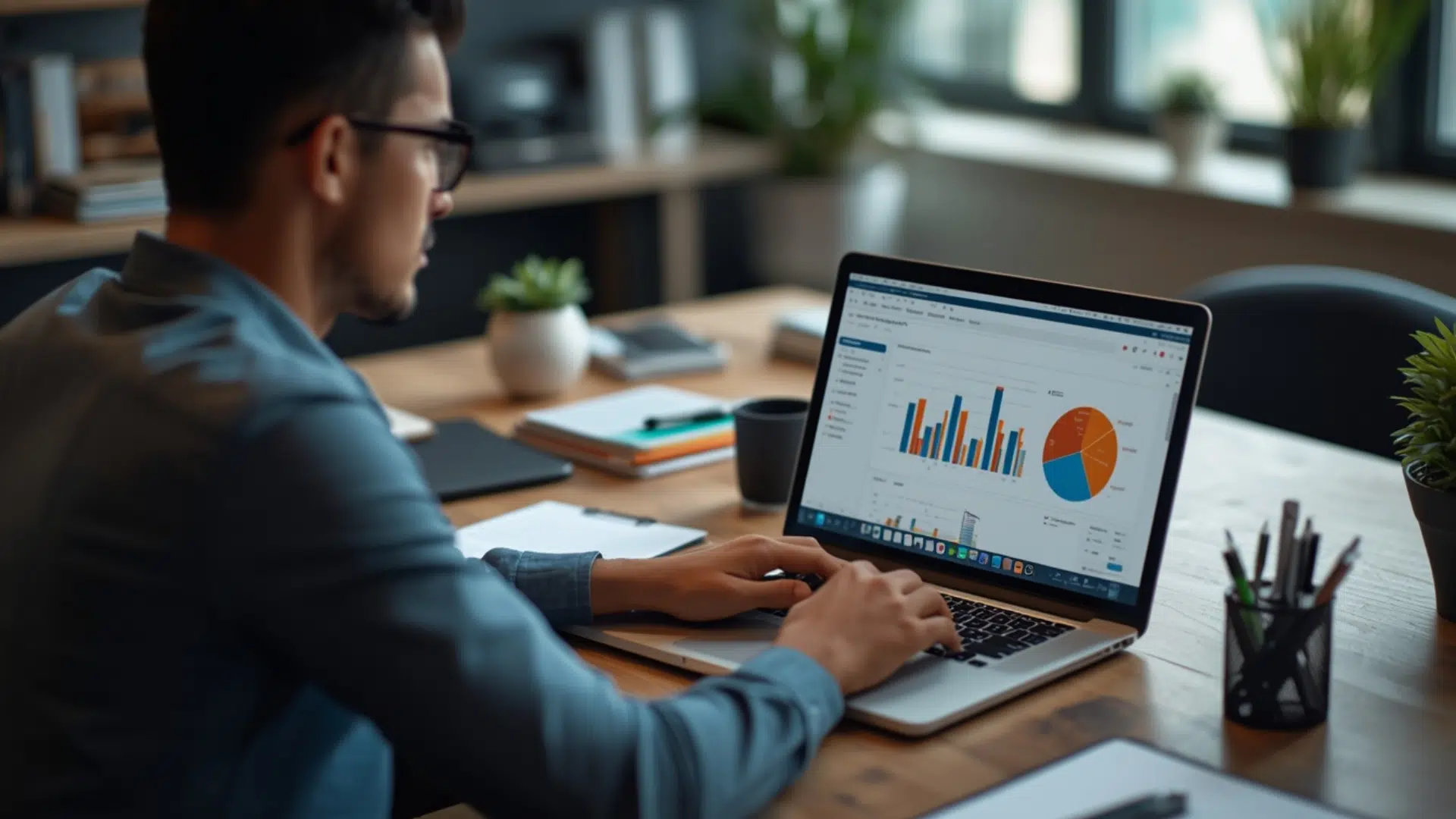 reviewing automated business process analytics on laptop in modern office
