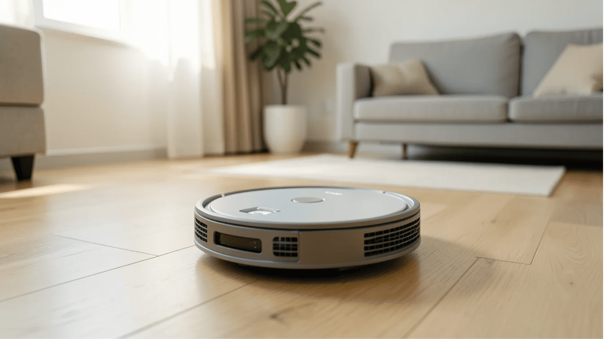 robot vacuum cleaner moving across a wooden floor in a bright modern living room with sofa and table in background