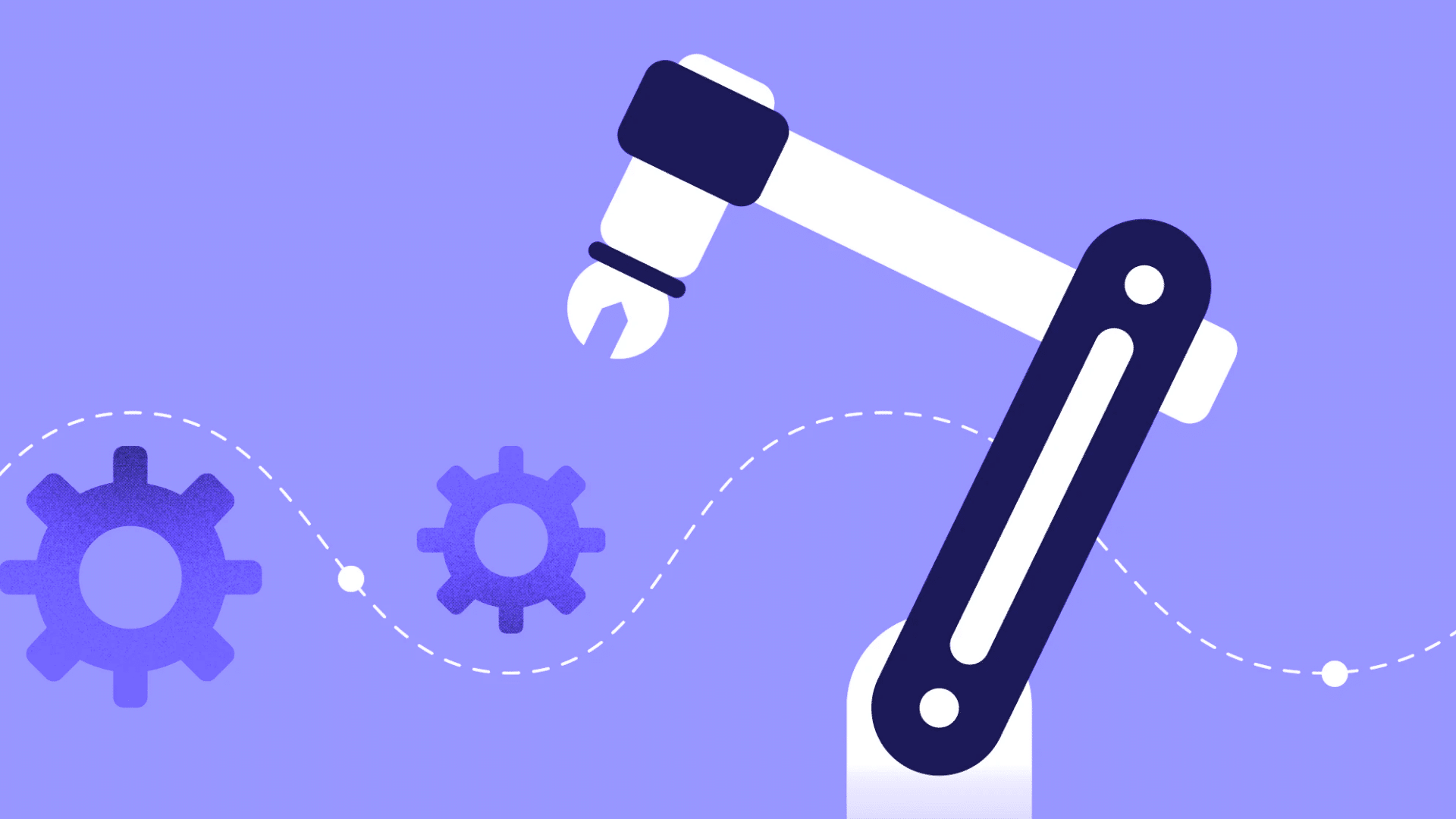 robotic arm adjusting gears along automated workflow line on purple background for business automation