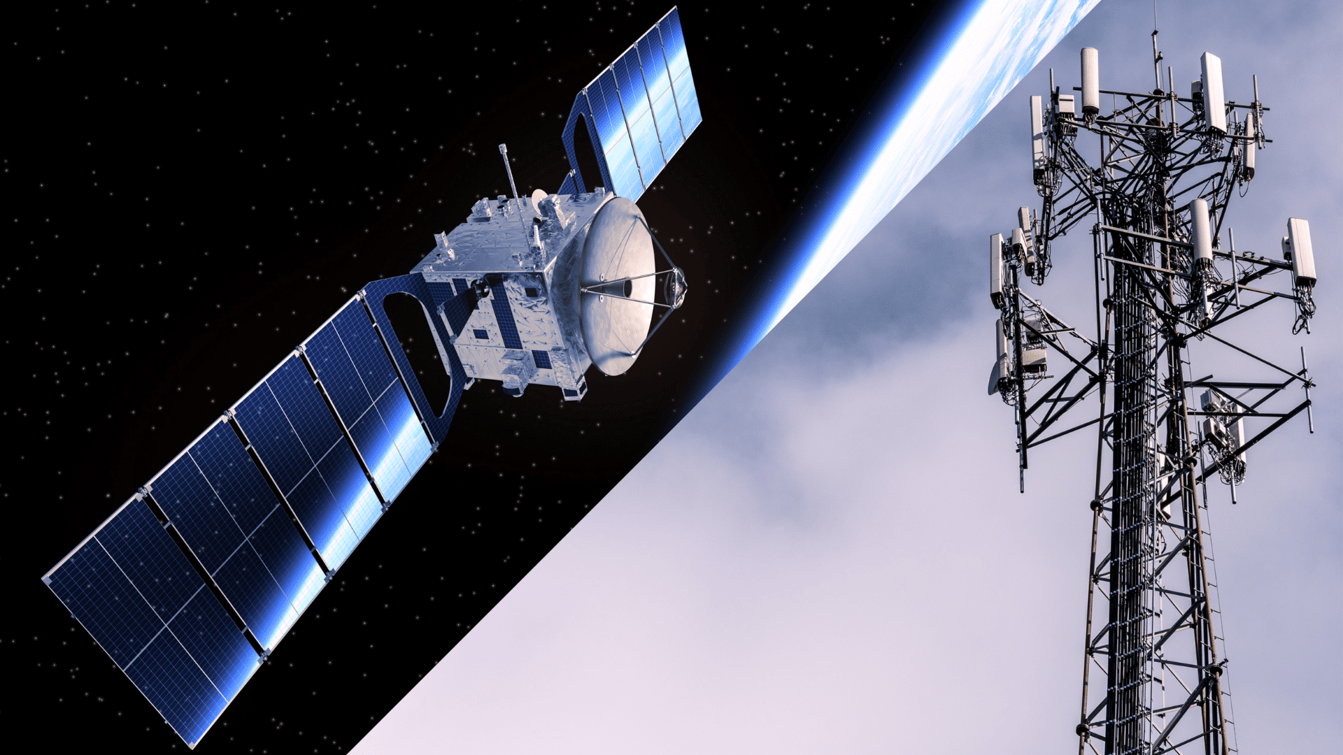 satellite communication device in space beside a mobile network tower showing global wireless connectivity (1)