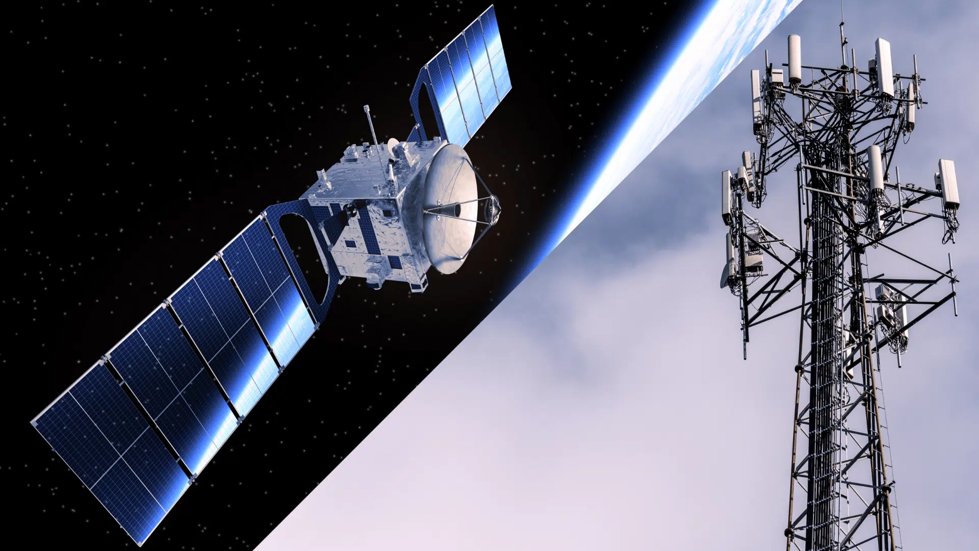 satellite communication device in space beside a mobile network tower showing global wireless connectivity (1)
