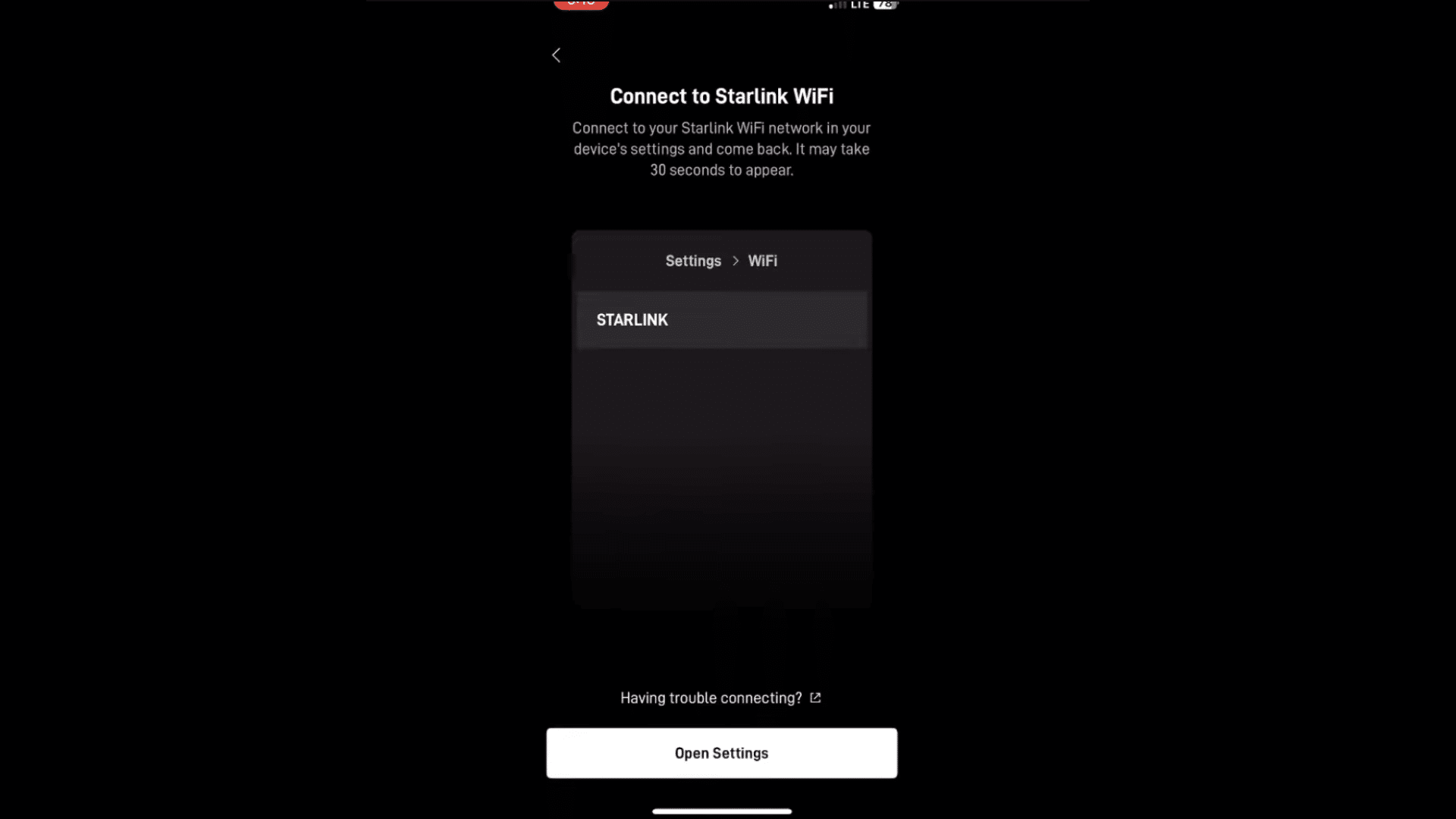 screen showing starlink wifi setup page with network connection option and settings button