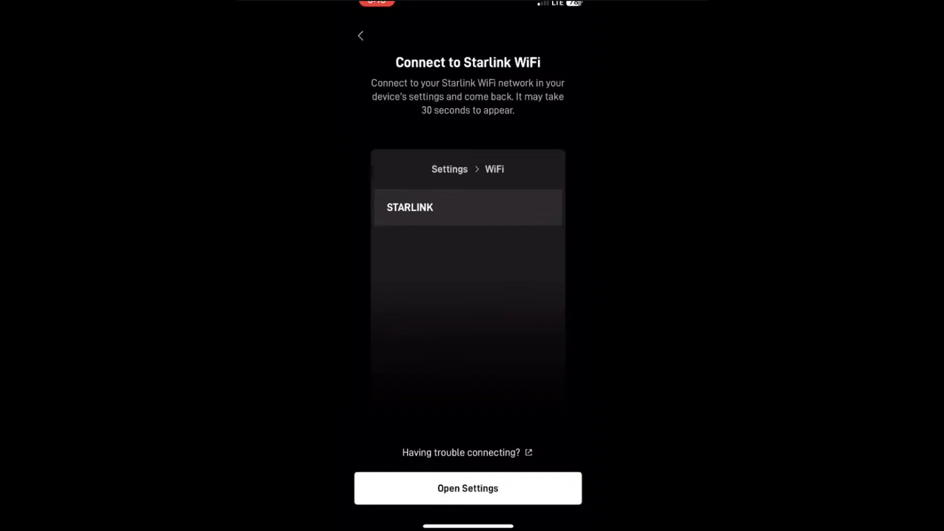 screen showing starlink wifi setup page with network connection option and settings button