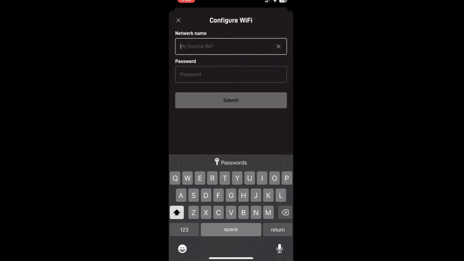 screen showing starlink wifi setup with network name and password fields ready for configuration