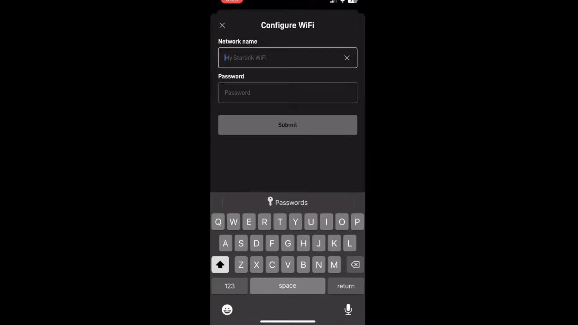screen showing starlink wifi setup with network name and password fields ready for configuration