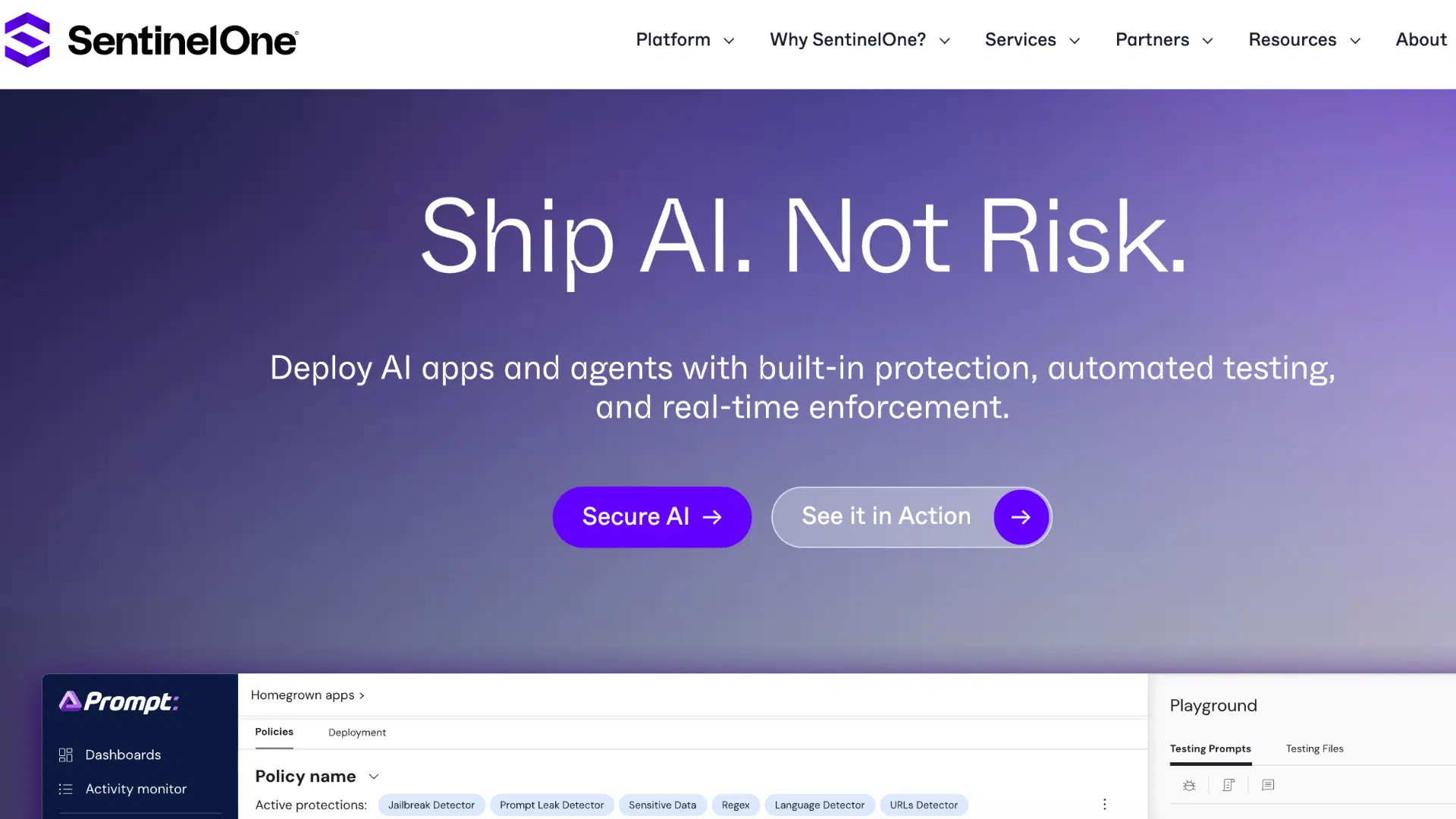 sentinelone homepage banner promoting secure ai deployment with protection testing and monitoring dashboard interface