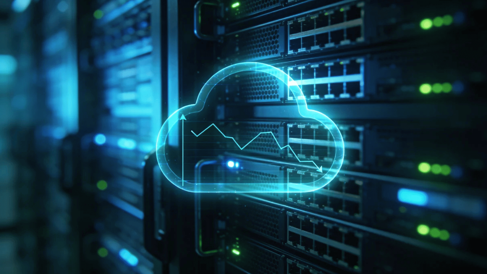 server racks with glowing lights and cloud icon overlay showing downward graph for cloud optimization tools and cost efficiency