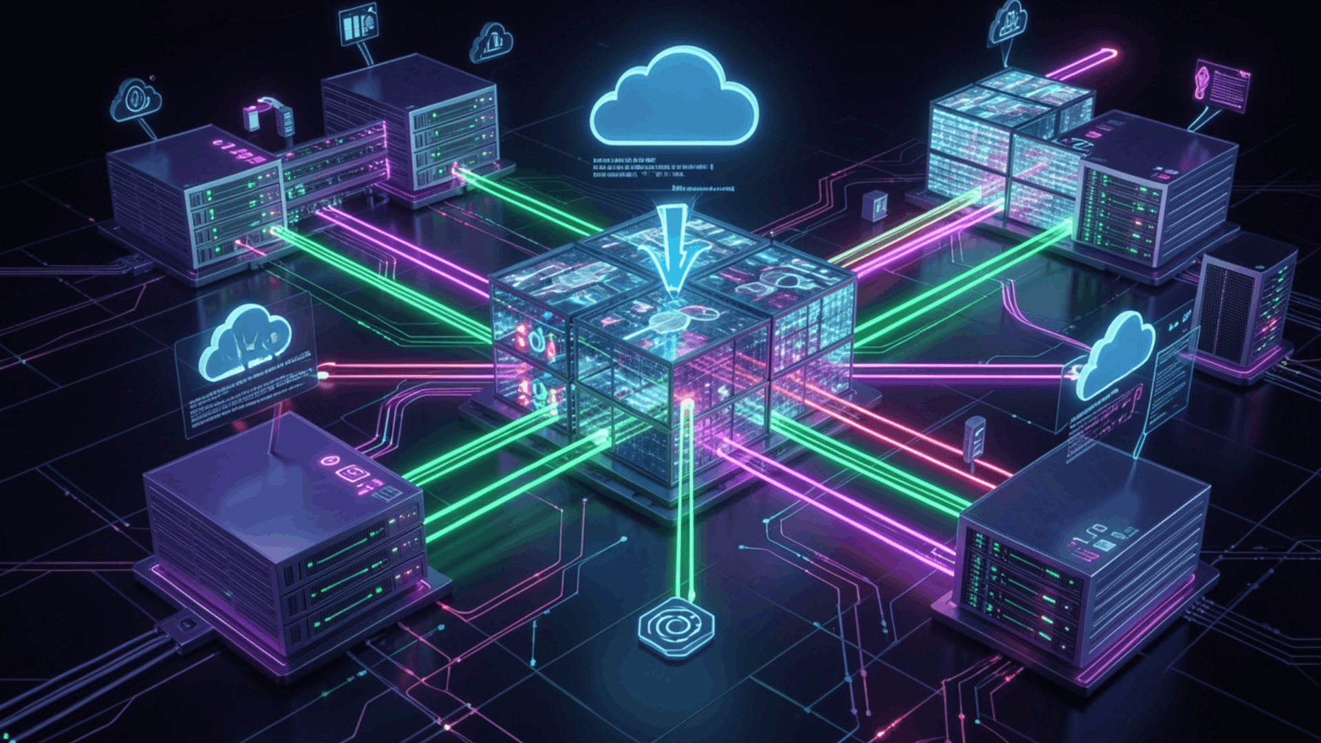 servers linked to central cube showing fast in memory database network processing (1)
