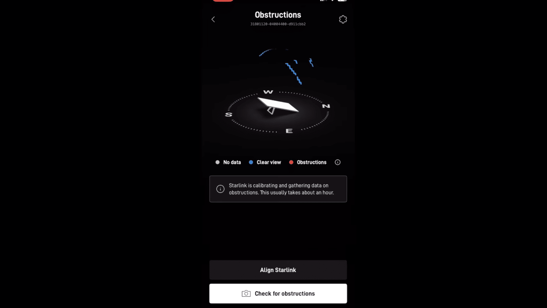 showing starlink obstruction check and dish alignment status for stable satellite connection