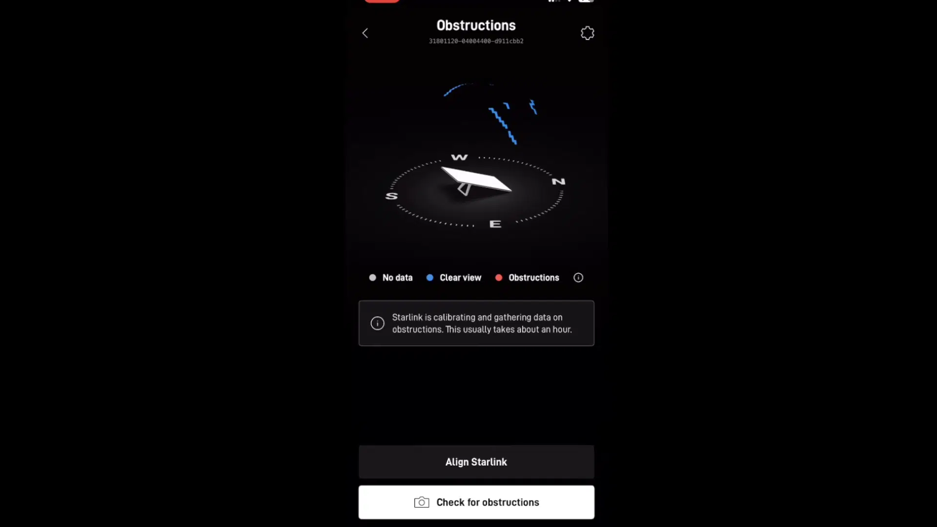 showing starlink obstruction check and dish alignment status for stable satellite connection