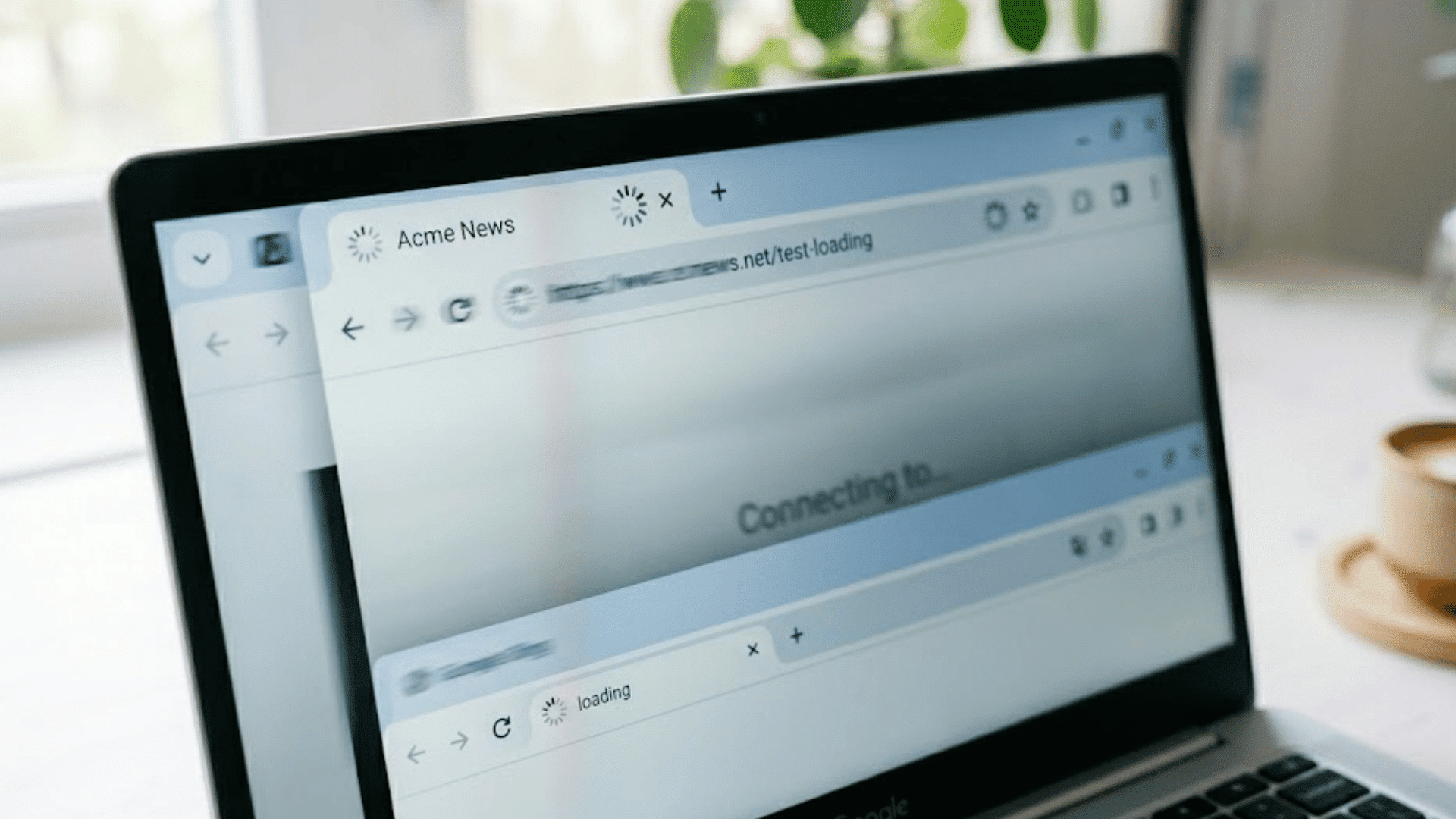 slow loading website displayed on chromebook browser screen beside a coffee cup