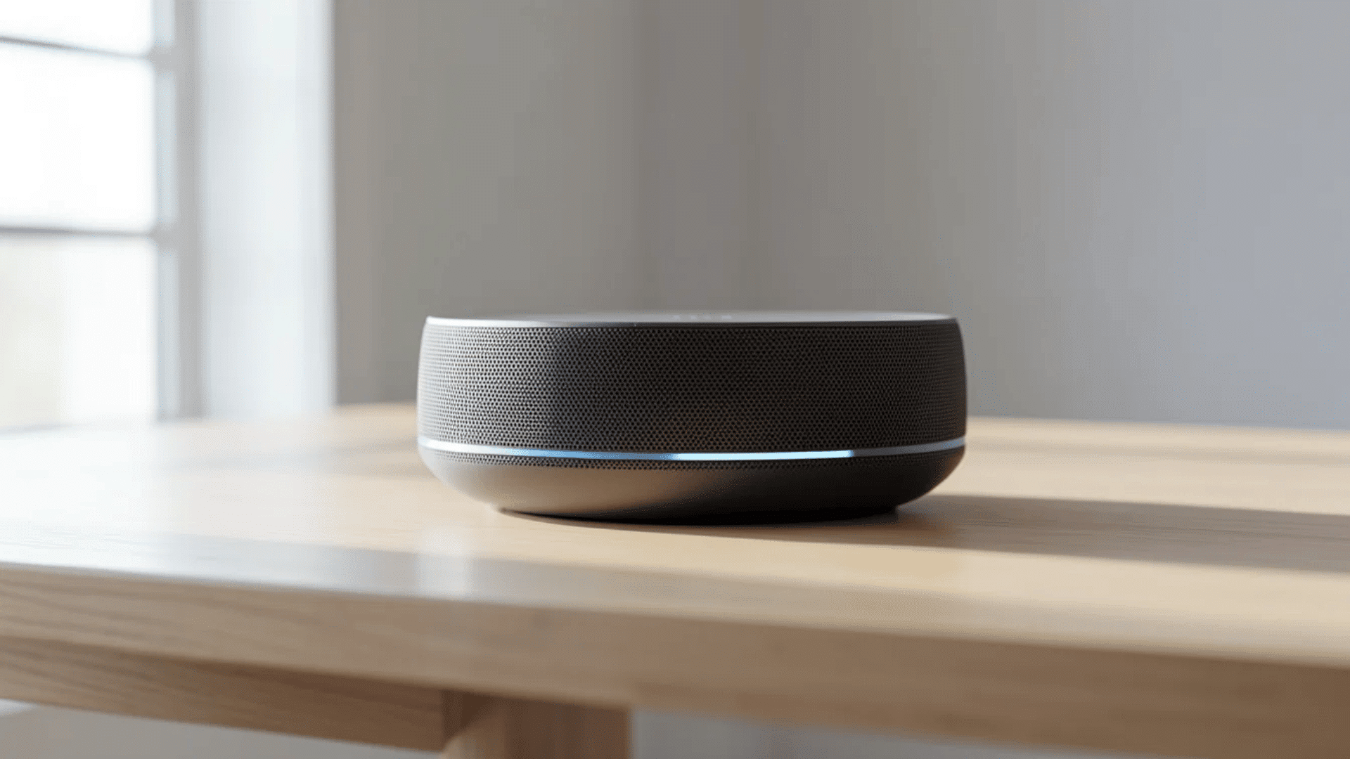 small smart speaker sitting on a wooden table with soft light from window in background creating a calm indoor setting