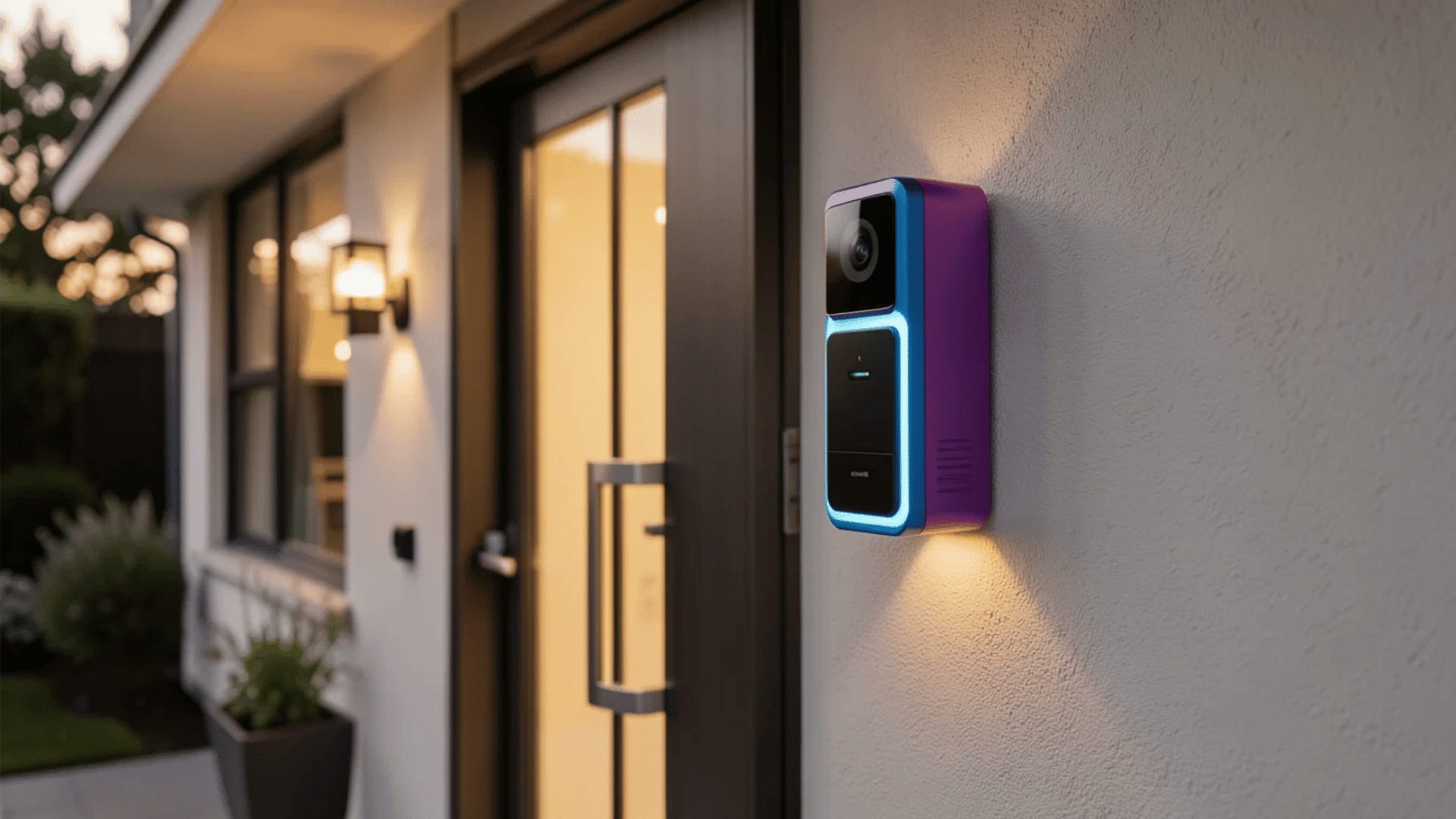 smart video doorbell with camera and glowing light mounted beside a modern house entrance door at dusk