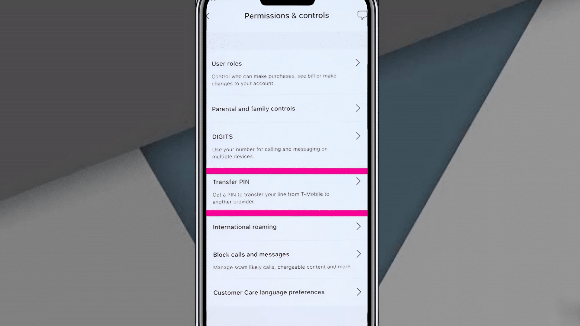smartphone displaying permissions and controls menu with transfer pin option highlighted in pink on mobile screen