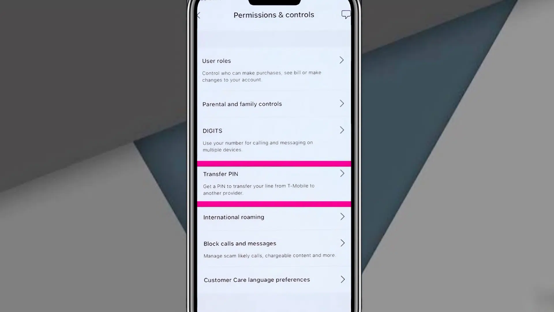 smartphone displaying permissions and controls menu with transfer pin option highlighted in pink on mobile screen