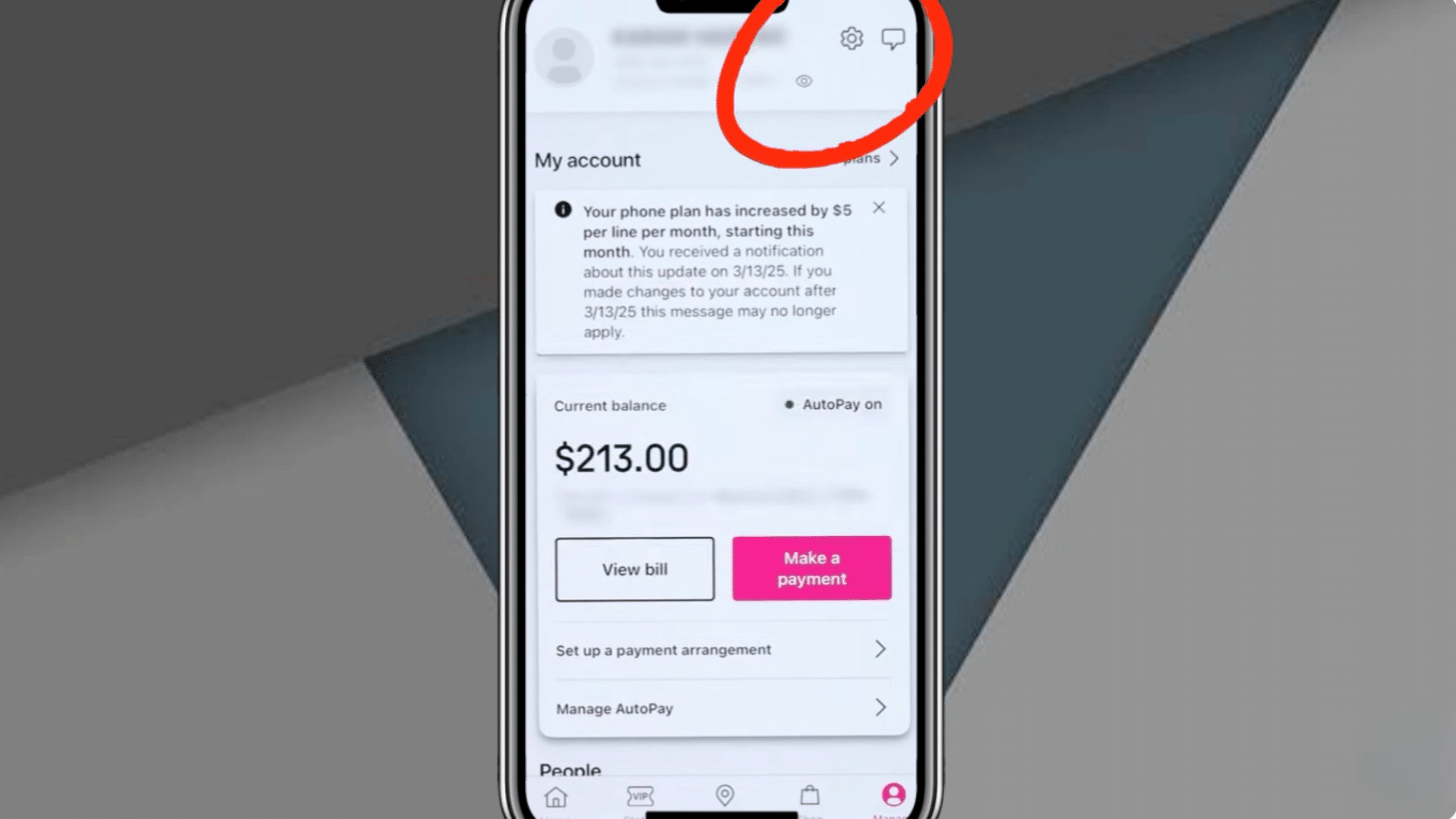 smartphone displaying t mobile account page with billing balance payment options and highlighted settings icon area