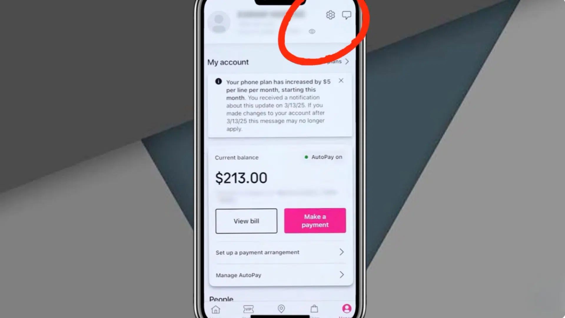 smartphone displaying t mobile account page with billing balance payment options and highlighted settings icon area