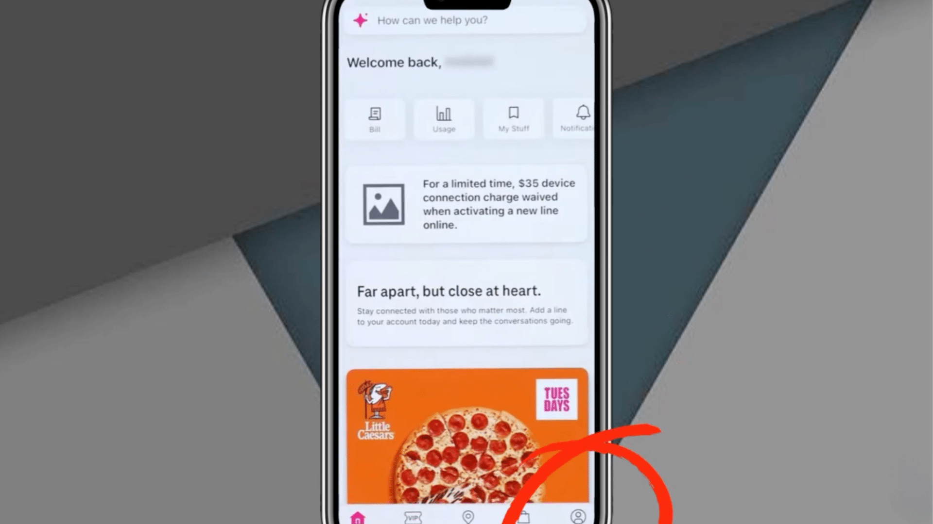 smartphone displaying t mobile app dashboard with promotional pizza offer and navigation icons on bright mobile screen