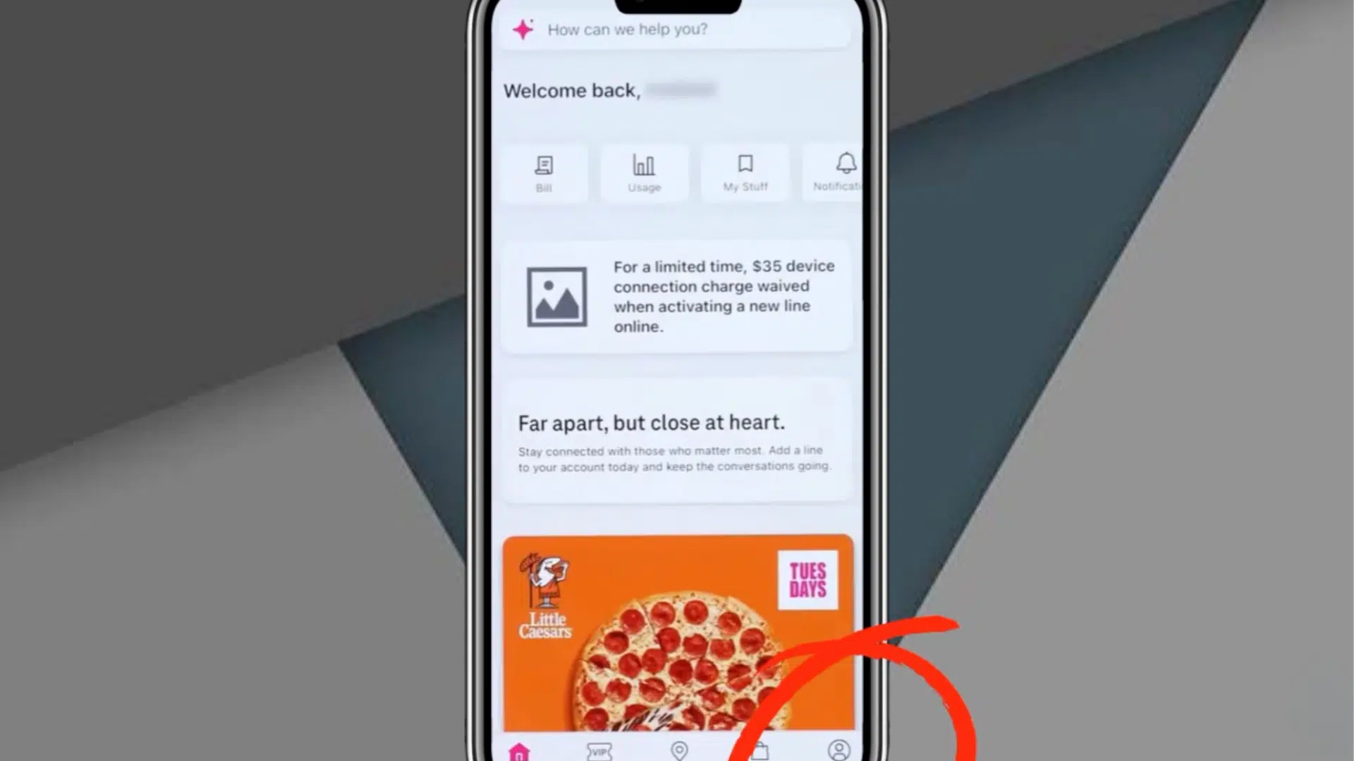 smartphone displaying t mobile app dashboard with promotional pizza offer and navigation icons on bright mobile screen