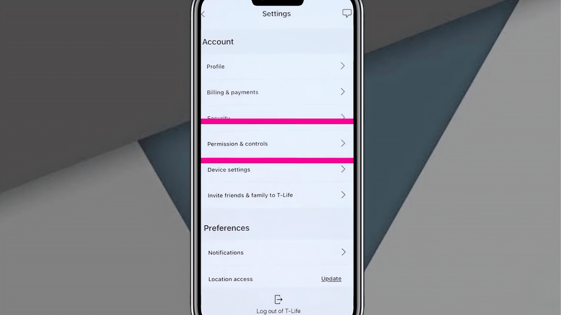 smartphone displaying t mobile settings menu with permission and controls section highlighted in pink on mobile screen